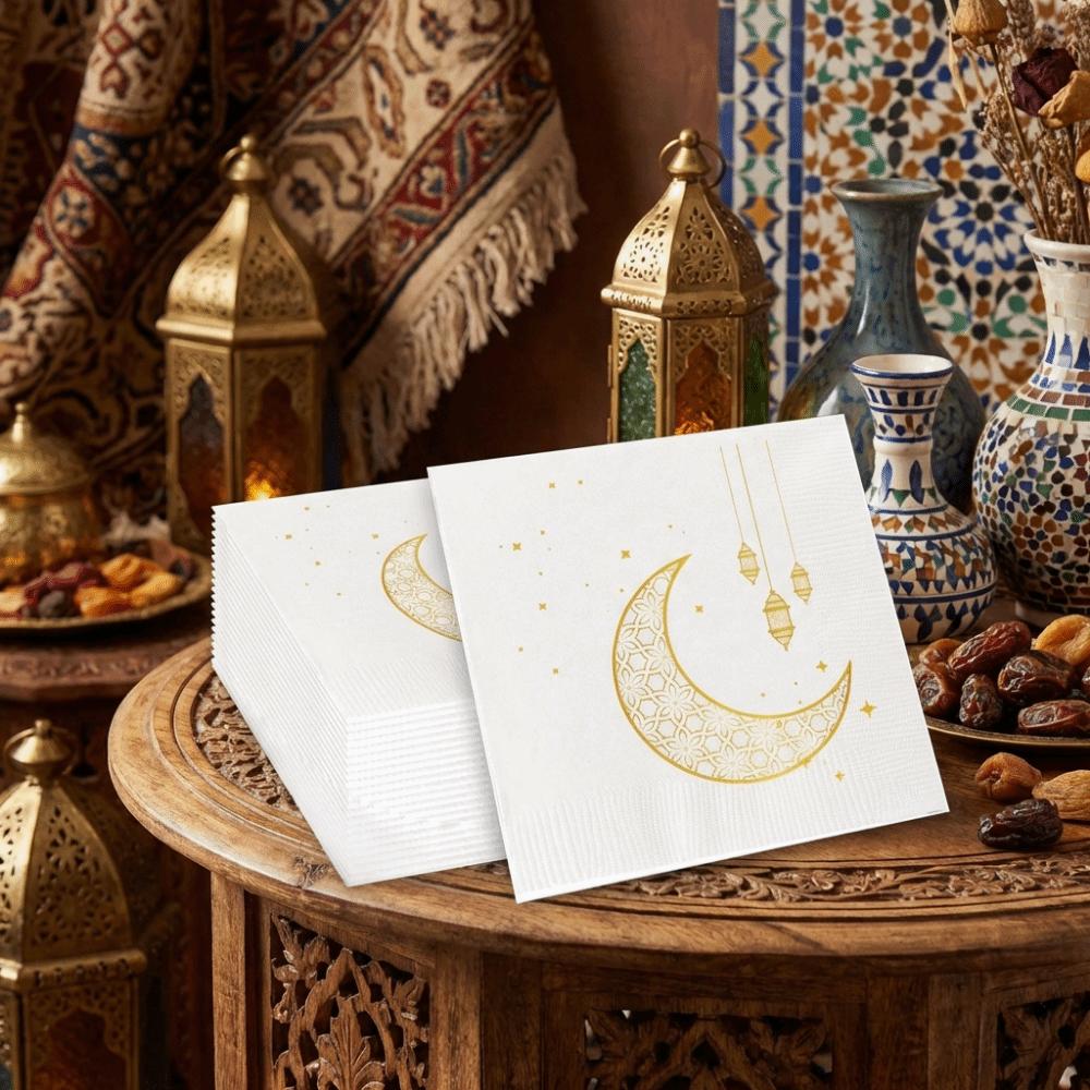 25Pcs Moon Printed Ramadan Party Napkins White Gold Islamic Tableware Paper Eid Celebrations