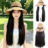 Black Long Straight Wig Hat with Sun Protection for Summer