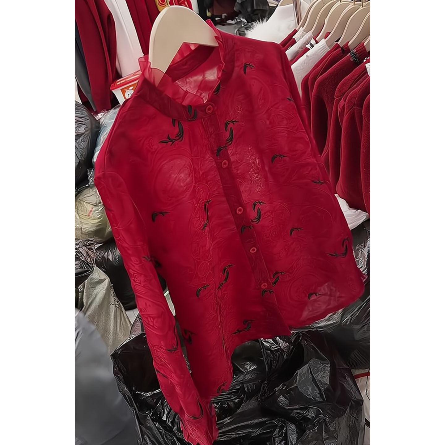 Women s Red Embroidered Ruffle Blouse - Early Spring Chinese Style S (80-95 jin)