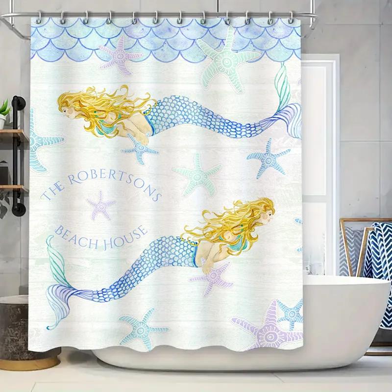 "Mermaid Beach House Shower Curtain, Waterproof & Mildew-Resistant Bath Curtain with Ocean Theme for Coastal Home Decor"