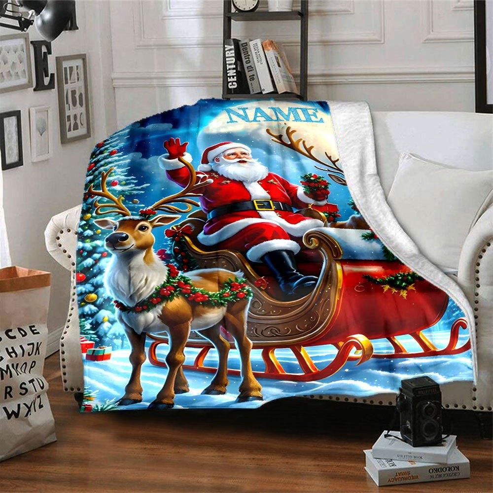 Santa Claus And Reindeer Winter Scene Home Customize Your Name Blankets Soft And Cozy Lightweight For Yearround Use Perfect For Picnics Sofa Office