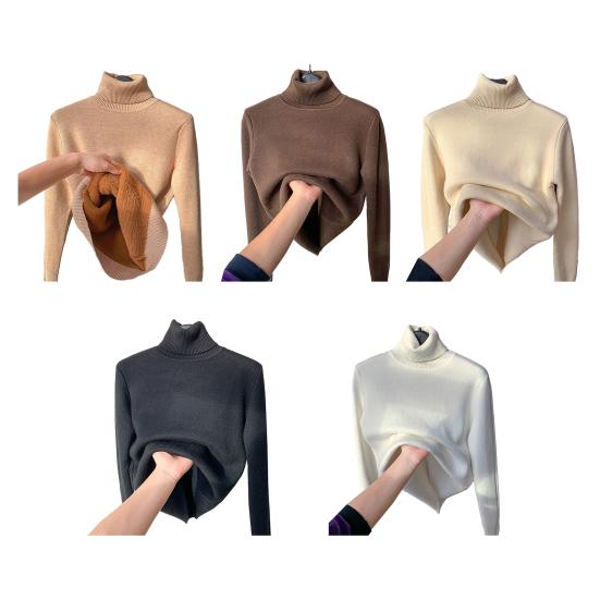 Knitting Tops Women Long Sleeve Turtleneck Sweater Solid Color Thickened Fleece Lined Autumn Winter Knitwear