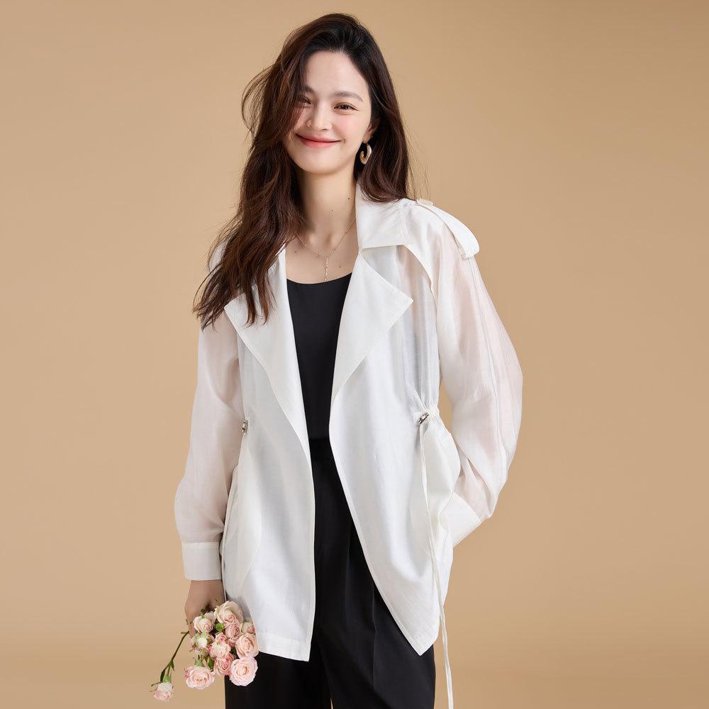 Tencel skin-friendly and breathable, thin and transparent sunscreen, light air-conditioning shirt, drawstring waist long-sleeved trench coat 23232