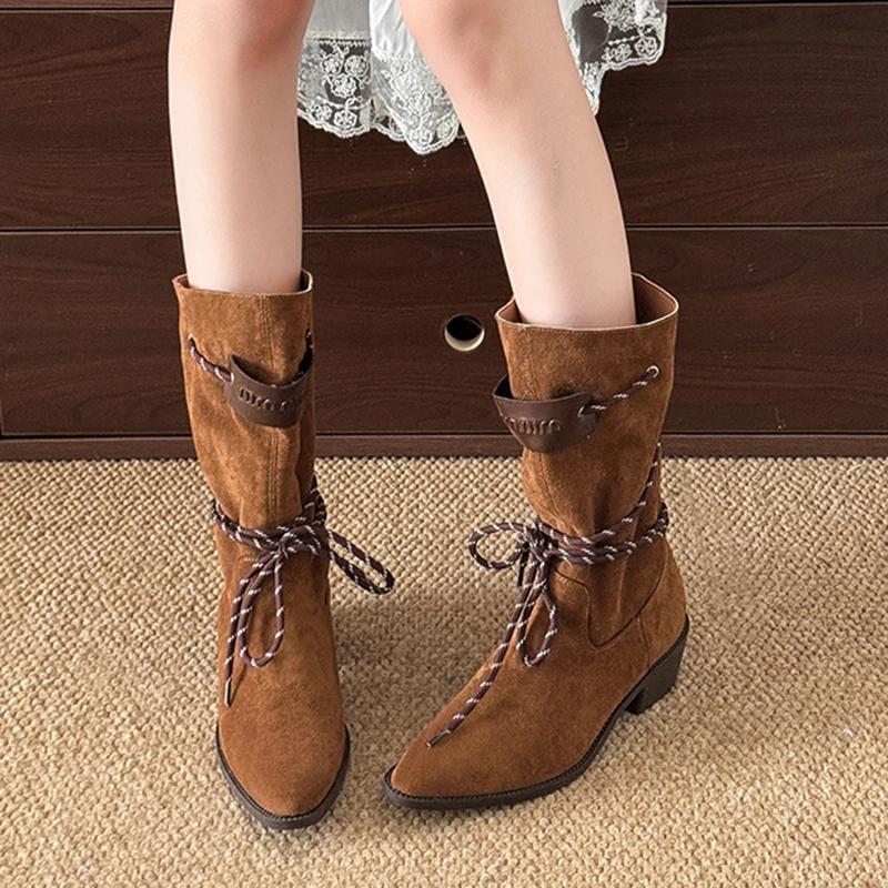 Fashion Autumn Winter Thick Heel Western Boots Women 2025 Sexy Pointed Toe Mid Calf Boots Woman Slip On Faux Suede Riding Botas Mujer