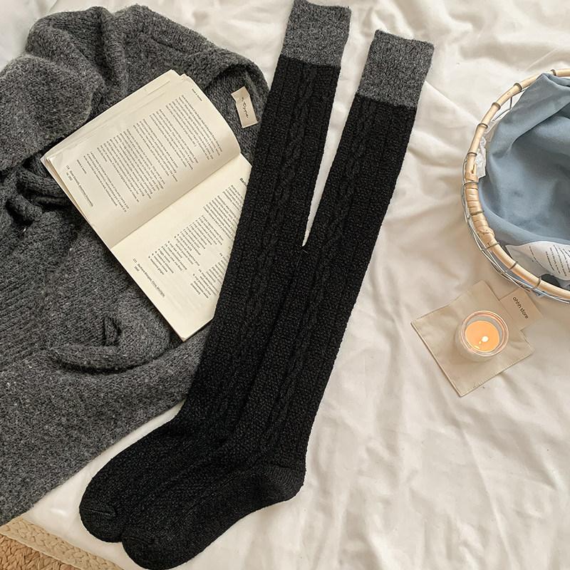 Splicing Coffee Color Thickened Knee Socks Women'S Autumn And Winter Plush Warm Plush Stockings Micro-Pressure Thin Non-Slip Thigh Socks