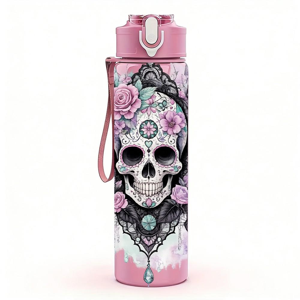 1PC Rose Sugar Skull Dark Floral Art 750ml Color Plastic Sports Water Bottle Leakproof Flip Straw Lid Suitable for Sports Office Home Use