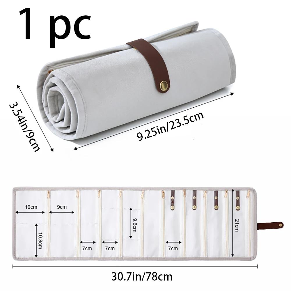 

Roll-Up Velvet Jewelry Organizer Foldable Multi-pocket Necklace Storage Bag Zipper Anti-lost Flannel Jewelry Storage Pouch сірий колір