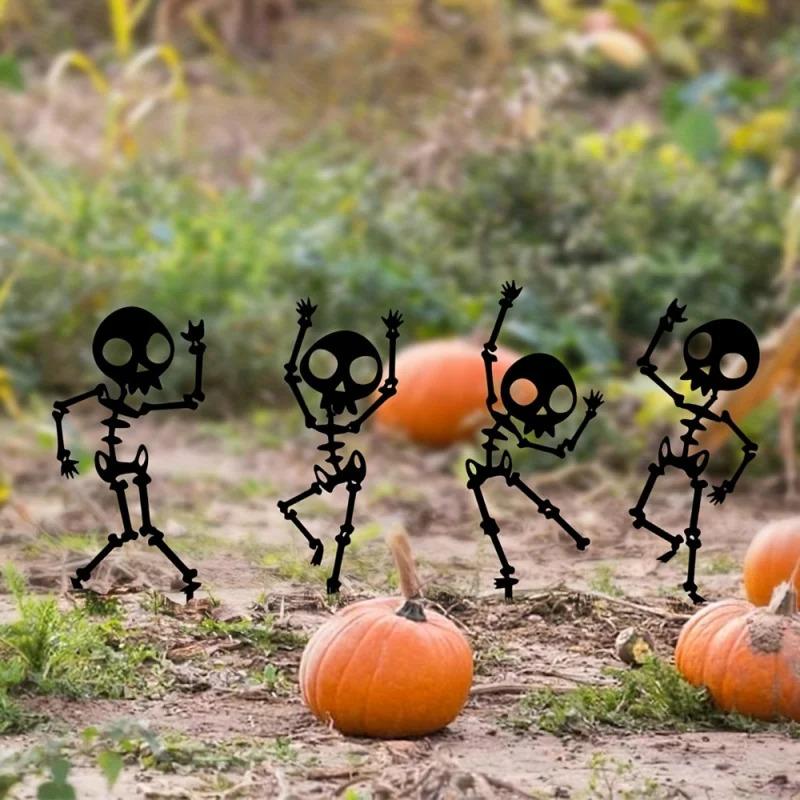 Dancing Skeleton Garden Stakes 4 Piece Set, Weatherproof Metal Yard Art, Halloween Decor in, Black Color