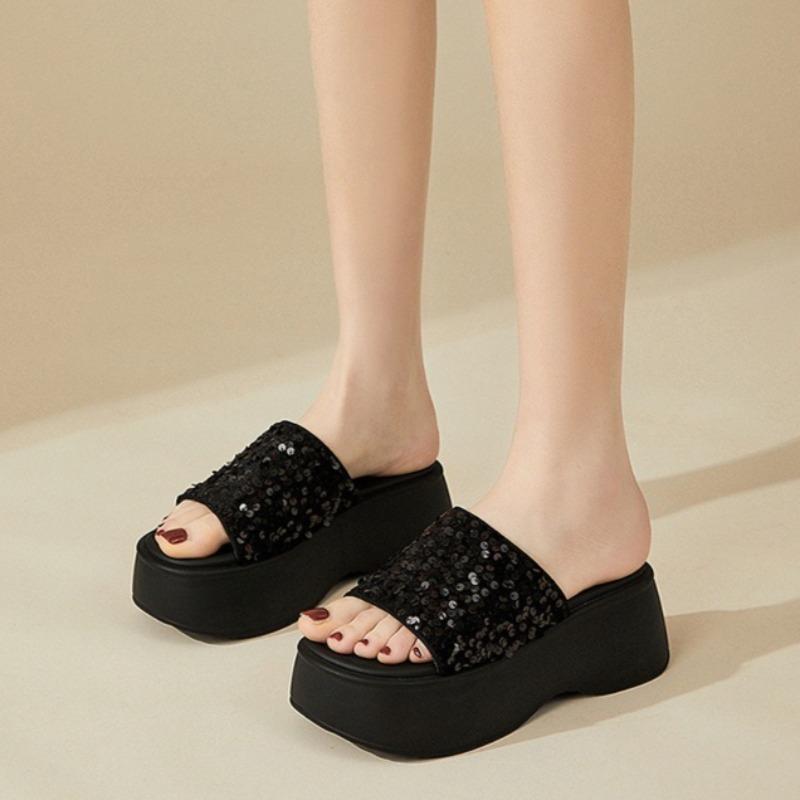 Women's Thick Heel Slippers Summer New Beach Slippers Outdoor Casual Platform Sandals Shiny Sequins Slippers for Women