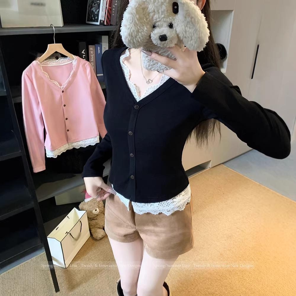 

2026 Spring Plus Size Women s Sweet Patchwork Lace V-Neck Long Sleeve Top XL рожевий