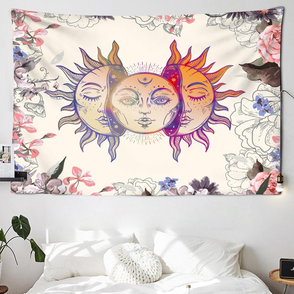 Tapiz colorido de cartas de Tarot en blanco y negro, sol, luna, calavera, flor, colgante de pared, tapiz de adivinación de brujería, decoración del hogar