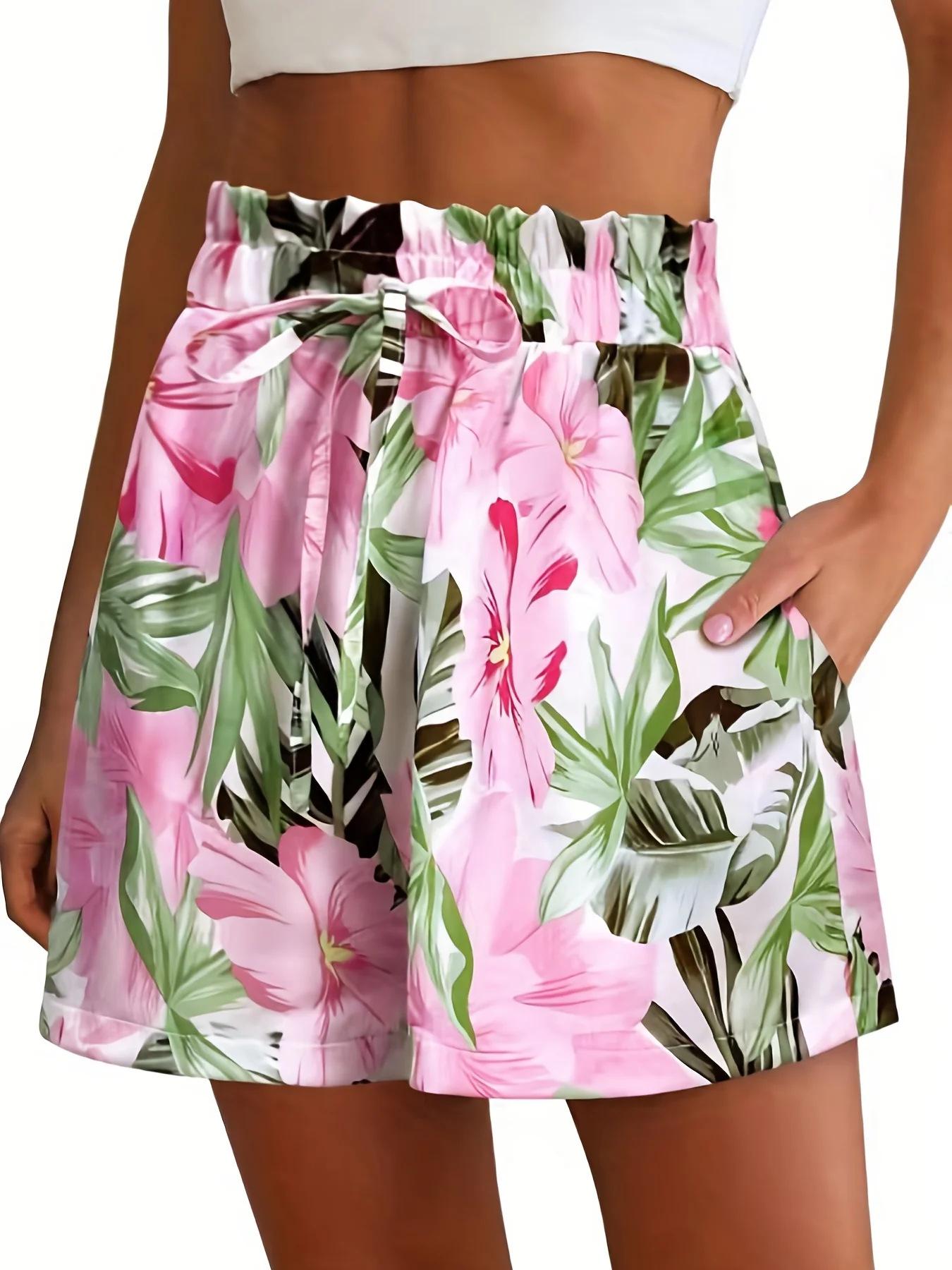Women s Tropical Floral High-Waisted Casual Shorts 2XL