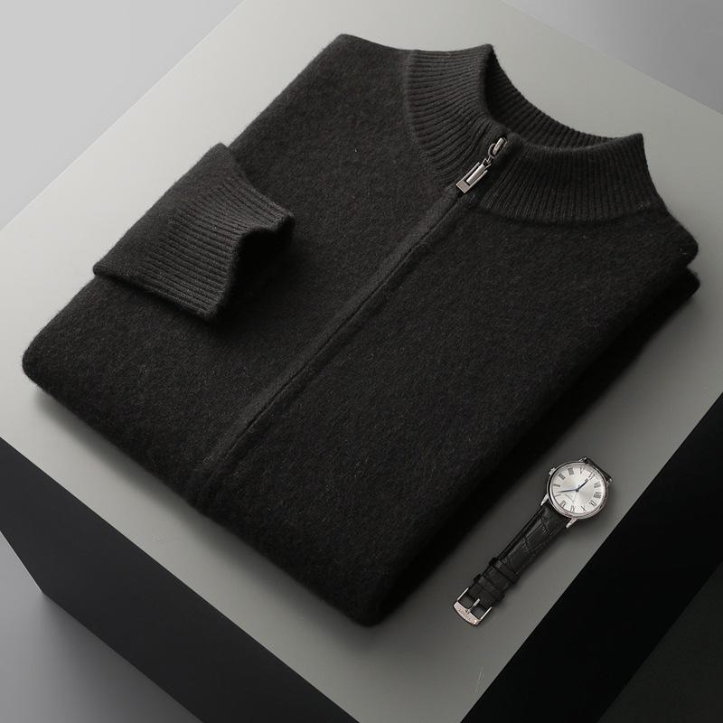 Autumn And Winter Pure Wool Knitted Double-Strand Thickened Stand-Up Collar Cashmere Cardigan Men'S Versatile Long-Sleeved Cashmere Jacket
