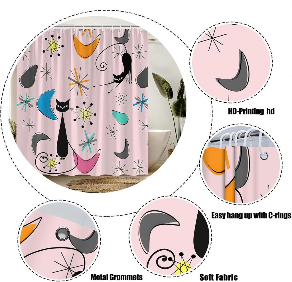 Mid Century Atomic Cat Shower Curtain Pink Gray Blue Modern Abstract Geometric Black Cat Retro 50S Fabric Bathroom Decor Curtain