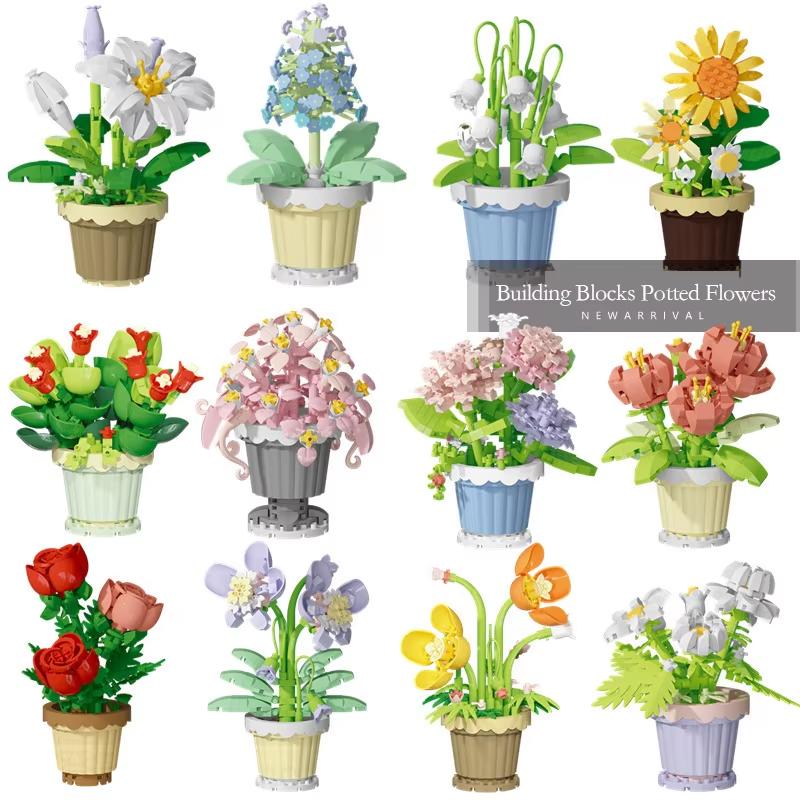 Small Particle Building Block Home Decor Series Flower Potted Plant Toys Set with Permanent Flowers Gift for Plant Arrangements