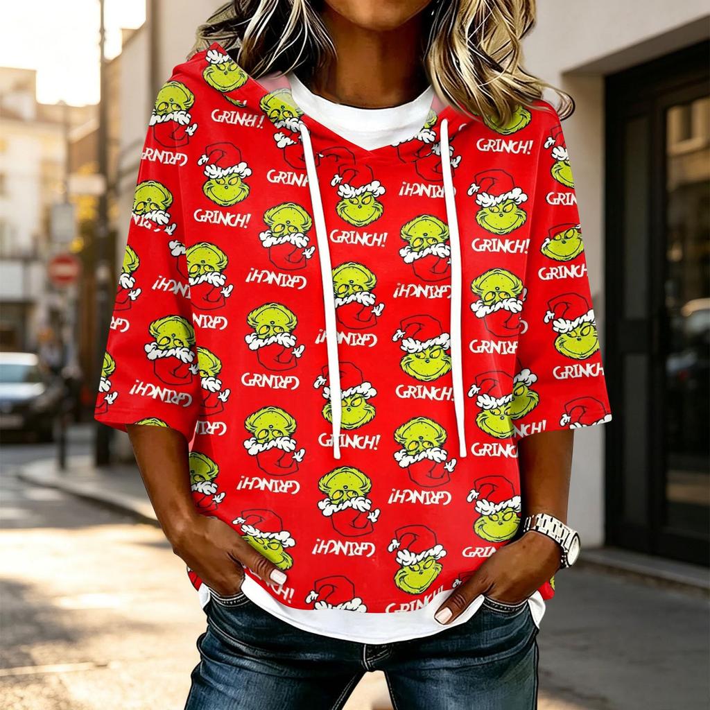 Women's Casual 3/4 Sleeve Hooded Christmas Print Top Festive Pullover T-Shirt for Holiday Outfits