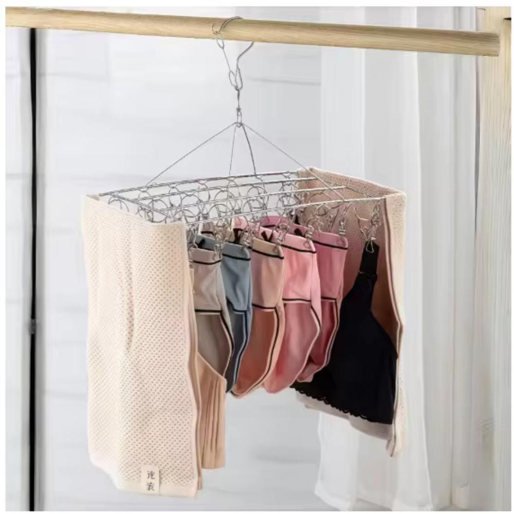 Stainless Steel Laundry Drying Rack With Multiple Clips For Socks Underwear Home Dorm And Outdoor Use Not easy to fall off