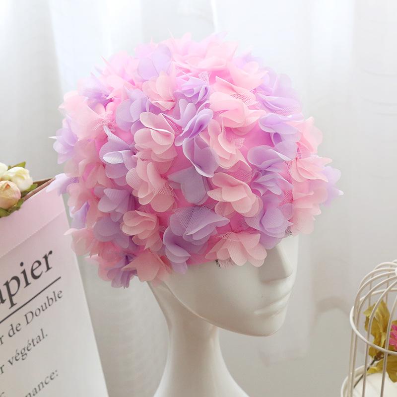 Damen 3D Blumen Design Badekappe Wasserdicht Elastisch Weich Bade Duschhaube für Damen Tauchen Schwimmen Strandkappe Badezimmerzubehör
