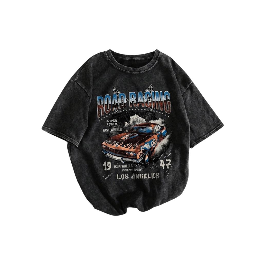 Washed Vintage Road Racing Car Print 100% Cotton Oversized Short Sleeve T-shirt