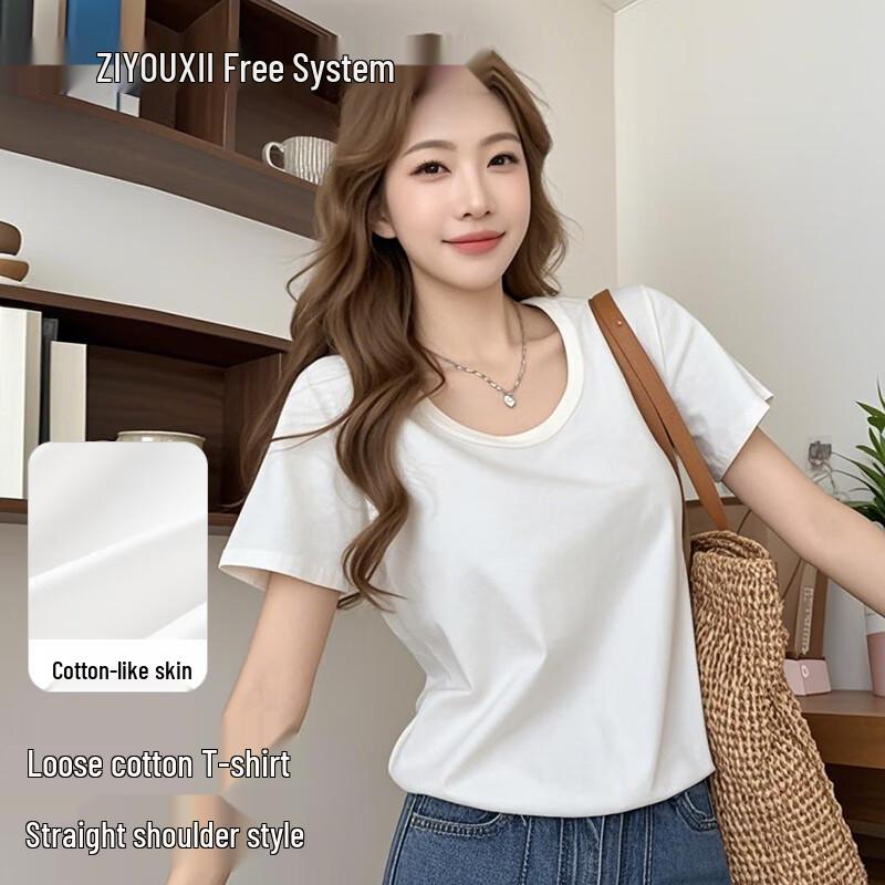 Women s 2025 Loose Cotton Blend U-Neck T-Shirt M