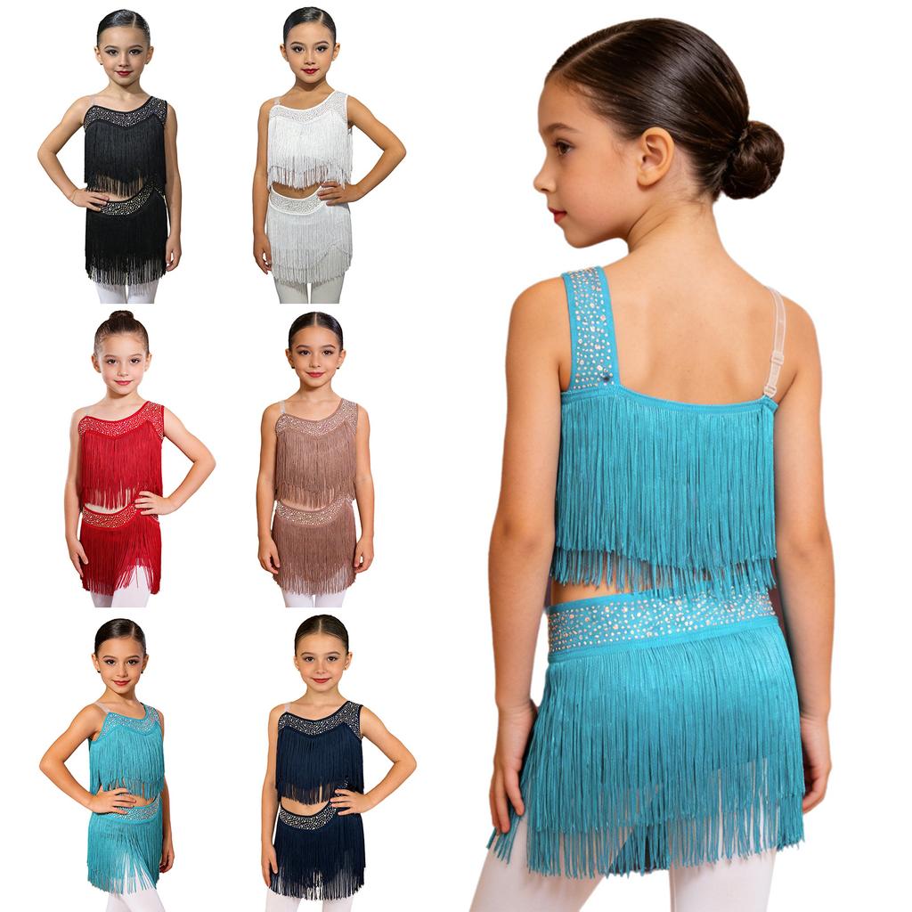 Girls Latin Dance Dress Shiny Rhinestones Cutout Asymmetrical Fringe Tassel for Rumba Cha-Cha Competition Performance
