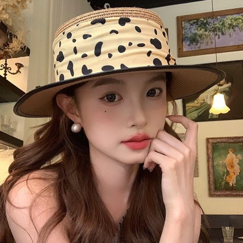 Polka Dot Flat Top Straw Hat Women's Summer Seaside Vacation Beach Hat Sunshade Sunscreen Elegant Top Hat Sun Hat