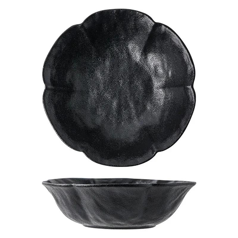 Black White Ceramics Soup Bowl Fashion Frosted Underglaze Color Household Hotels Restaurant Porcelain Flower Shape Salad Bowl
