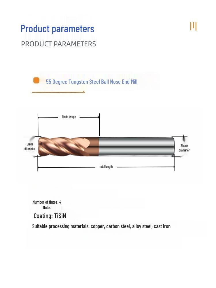 55° Hartmetall-Kugelkopffräser, 4-schneidig, Wolframstahl, Nano-Bronze-beschichtet