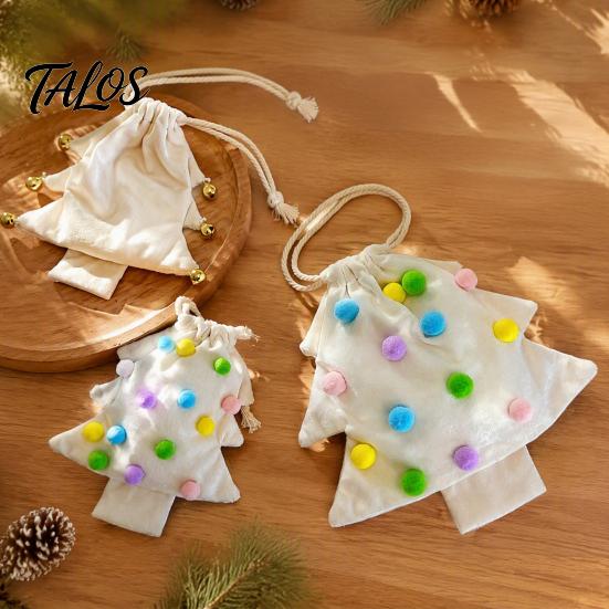 Christmas Tree Pendants Shaped Gift Bag, Reusable Drawstring Treat Goody Bags with Pompoms Decorative Party Favor Bells, Winter Present Wrapping Sack