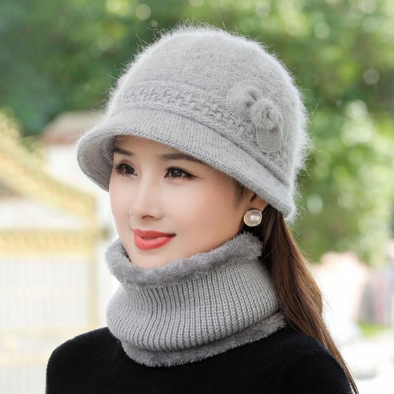 Hat Female Autumn and Winter Rabbit Hair Big Eaves Knitted Hat Old Hat Old Lady Fleece Warm Wool Hat