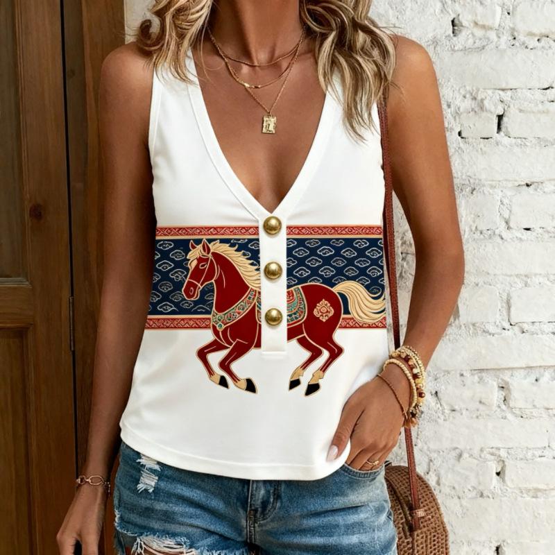 Women S V Neck Wide Strap Sleeveless Horse Print Summer Tank Top S белый