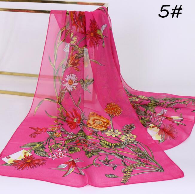 Chiffon Floral Elegant Scarves Silk Scarf Fashion Women Flower Printed Long Soft Wrap Scarf Simulation Silk Shawl Beach Scarf