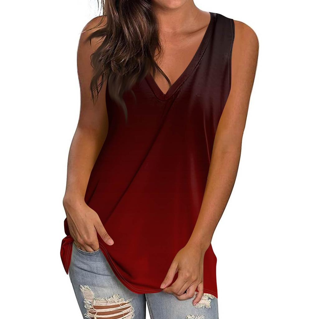 Women's Casual Fashion V-Neck Sleeveless Pullover Top Printed Vest T-Shirt