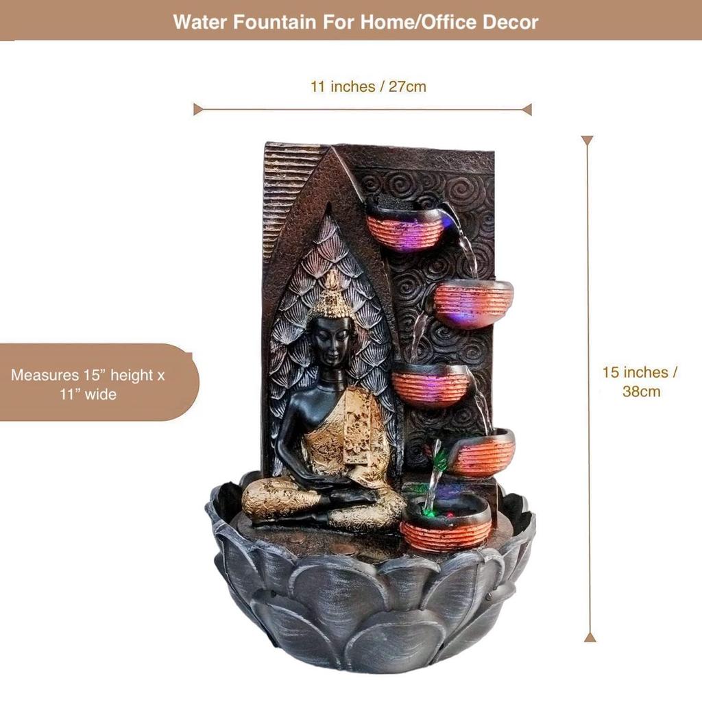 Meditating Buddha Statue Water Fountain for Home Living Room Decor Decoration Indoor Outdoor Gift Gifting Items, 15 Inches