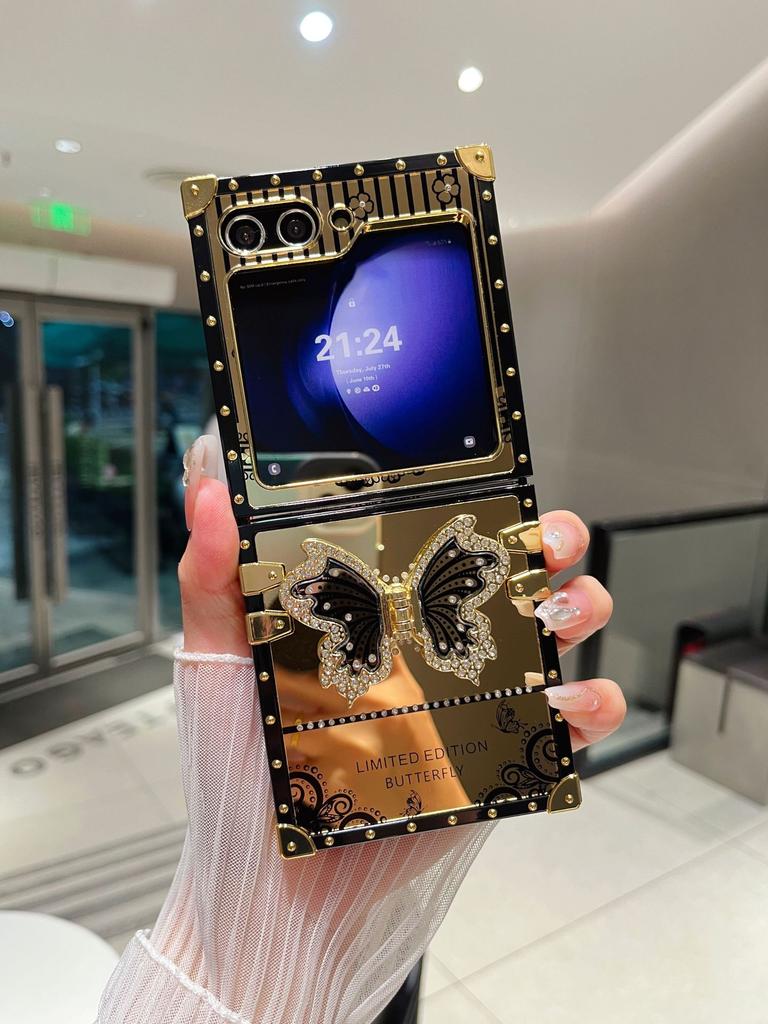 Samsung Z Flip6 Vouwscherm Mobiele Telefoon Hoesje Geschikt voor ZFlip3 4 5 Spiegel Vlinder Diamant Inleg Beugel Beschermhoes