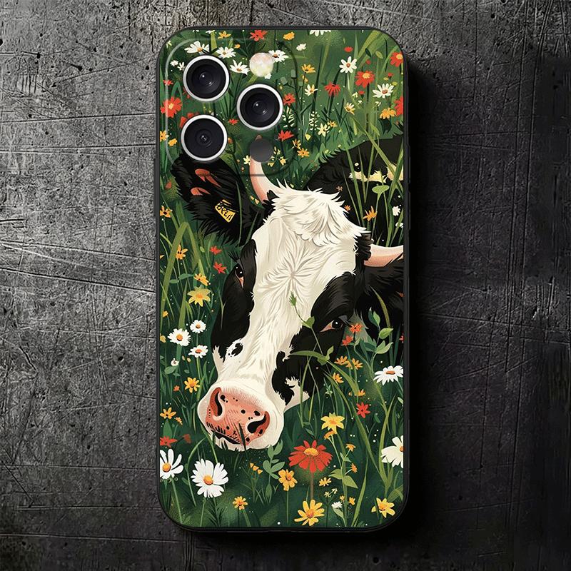 White Black Dairy Cattle Symbol Soft Phone Case for iPhone 16 16E 17 Air 15 Pro Max 14 Plus 13 Mini 11 12 7 Black Cover Back She