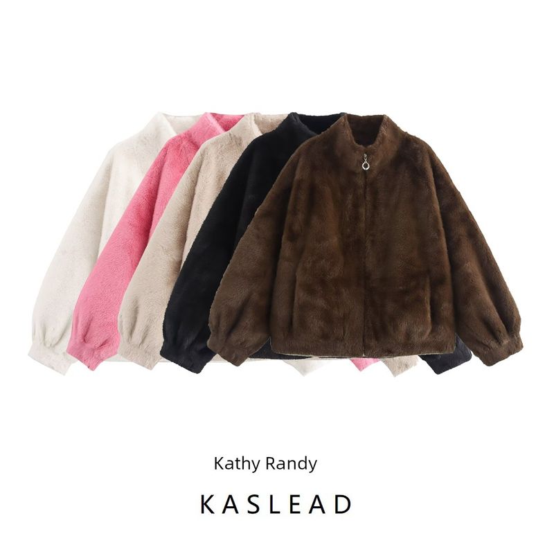 Kaslead New Arrival Women's Clothing Fashion Style Fur Integrated Stand Collar Short Zipper Jacket Outwear