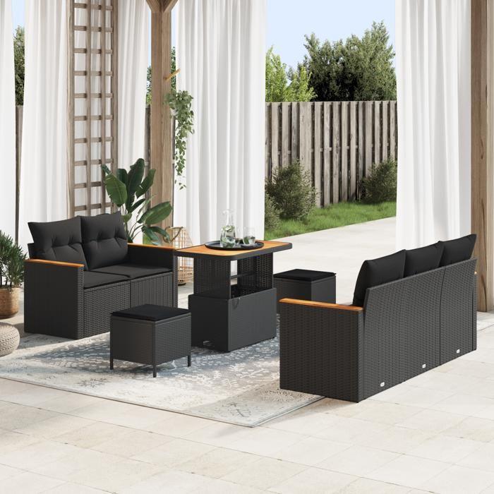 Ensemble de canapé de jardin 8 pièces avec coussins noir poly rotin acacia, Ensemble de salle à manger de jardin 3 pièces 3364939