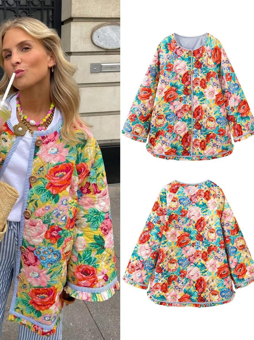 

2024 Autumn-Winter Women s Round Neck Cotton Patchwork Color Block Flare Sleeve Jacket Coat Large