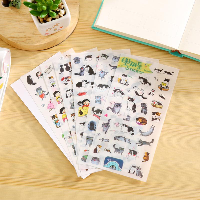 

6 Sheets/Set Creative Transparent PVC Stickers Cute Black and White Cat Girls Photo Album Decoration Sticker Children DIY Toy