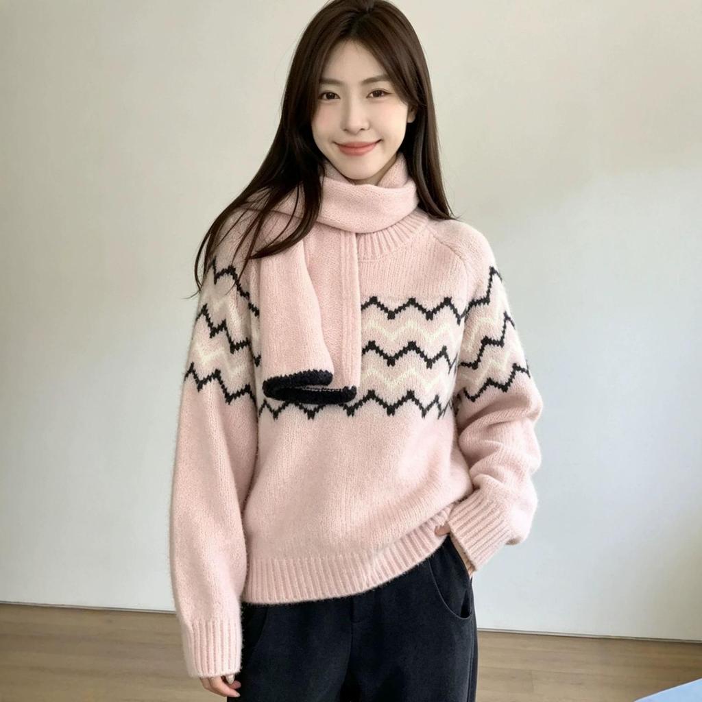 Pink Wave Pattern Neck Warmer Sweater for Women: Soft, Fluffy, Loose Fit with Built-in Scarf - Perfect for Early Autumn/Winter.