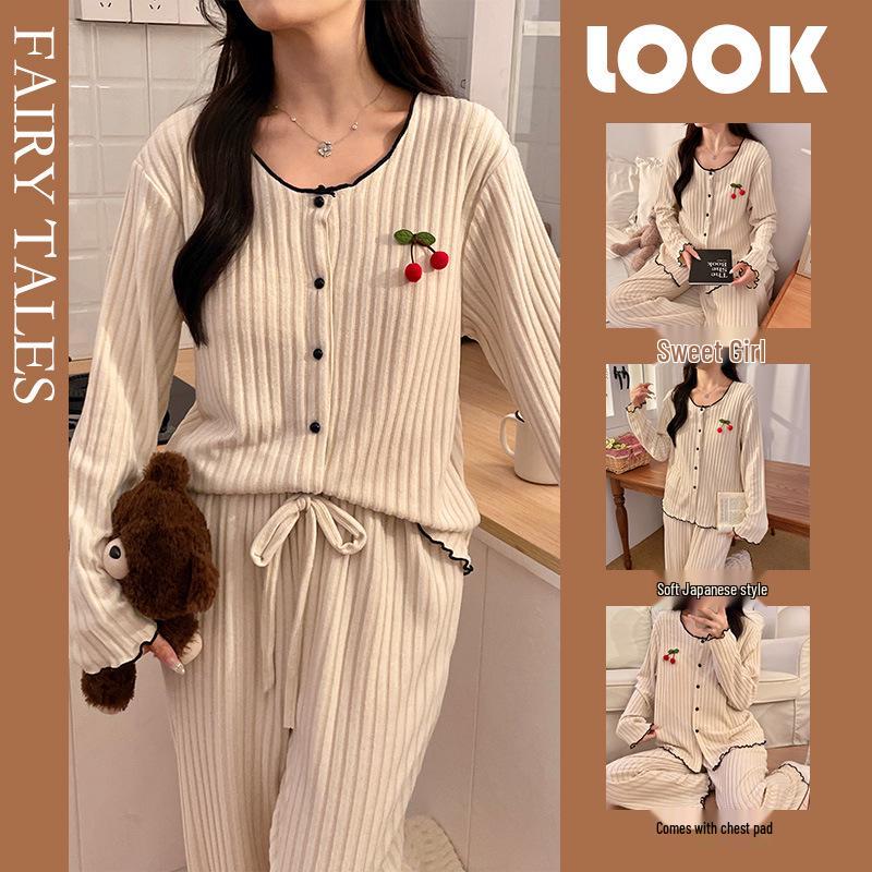 Cherry Cardigan Pajama Set: Women's Drawstring Fleece with Chest Pad - Korean-Style, Long Sleeve, Two-Piece Homewear.