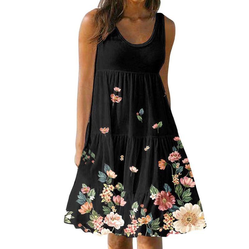 

Europe and America Cross Border Export Trendy Women s Summer Floral Dress Sleeveless Printed Ruched Vest Skirt Plus Size Plus Size Ladies Loose Black + yellow flowers 2XL(Bust size 113)