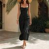 Summer Women Long Dress Solid Color Wide Straps Pleated Midi Dress Breathable Casual Sleeveless Slim Fit Above Ankle Length Dress