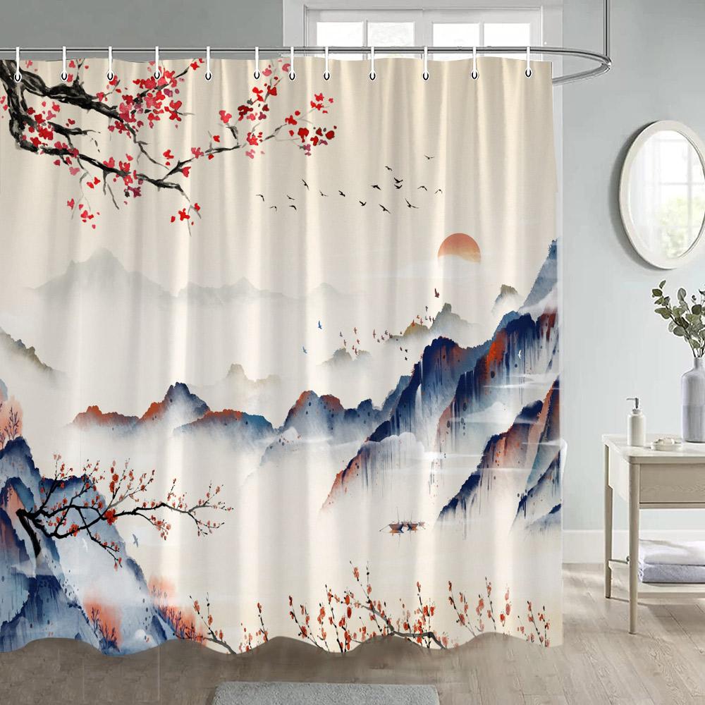 Asian Shower Curtain Traditional Chinese Pine Trees and Crane Flying Landscape Art Fabric Bathroom Decor Bath Curtains Set Hooks