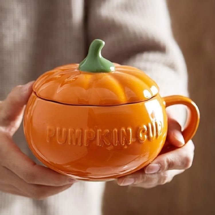 Ceramic Pumpkin Shape Mug With Lid Coffee Cup Halloween Dinnerware Perfect For Autumn Drink Decoration