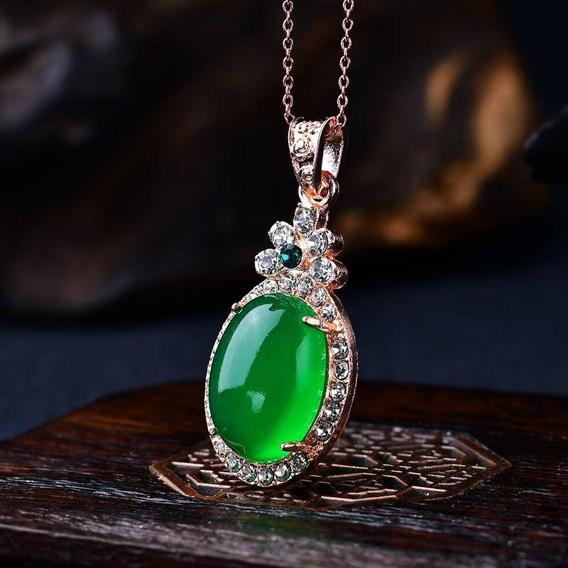 

Emerald Green Faux Cat s Eye Oval Pendant Charm with Full Diamond Inlay