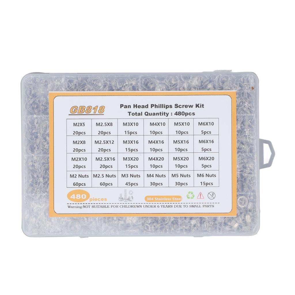 480PCS Screw Kit Pan Head Cross 304 Stainless Steel Screw Nut Washer Assortment Kit M2 M2.5 M3 M4