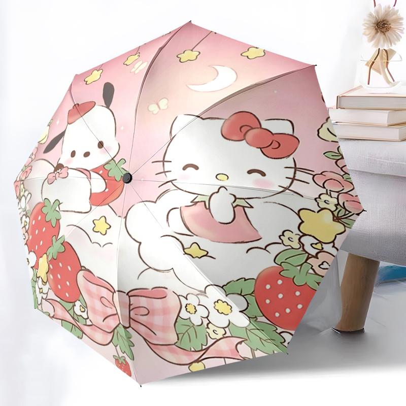 1pc Hello Kitty & My Melody Floral Wreath Automatic Opening/Closing Umbrella with Convenient Three-Fold Design, 8-Bone Iron Frame, Outdoor, Perfect Gi