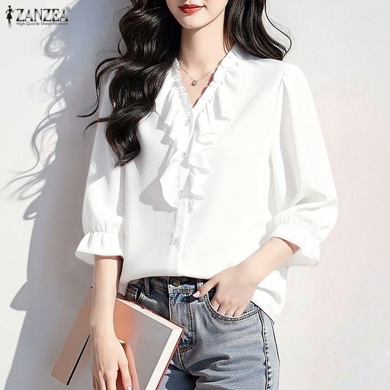 ZANZEA Damen Rüschen V-Ausschnitt Locker Lässig 3/4 Ärmel Bluse